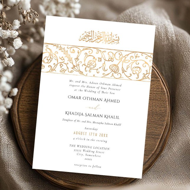 Convites Luxury Floral Gold & White Islamic Muslim Wedding (Criador carregado)