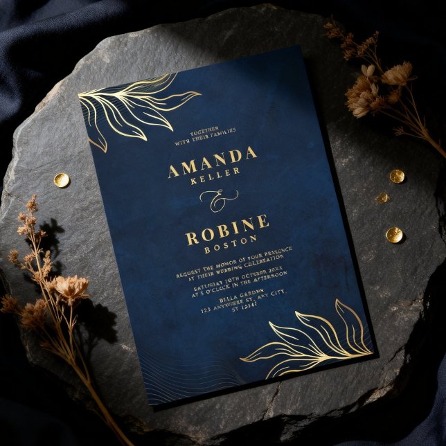 Convites Luxury Floral Navy Blue & Gold Wedding (Criador carregado)
