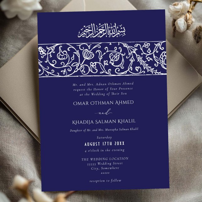 Convites Luxury Floral Royal Blue Islamic Muslim Wedding (Criador carregado)