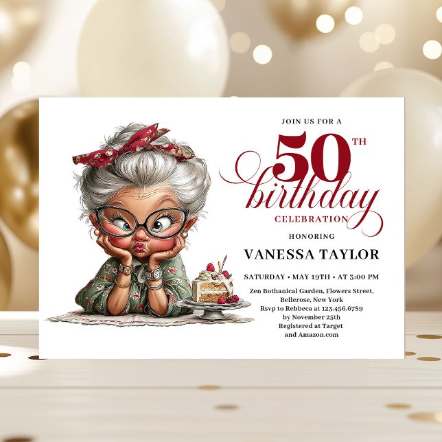 Convites Luxury Funny Lady 50th Birthday Cartoon Humor  (Luxury Funny Lady 50th Birthday Cartoon Humor Invitation)