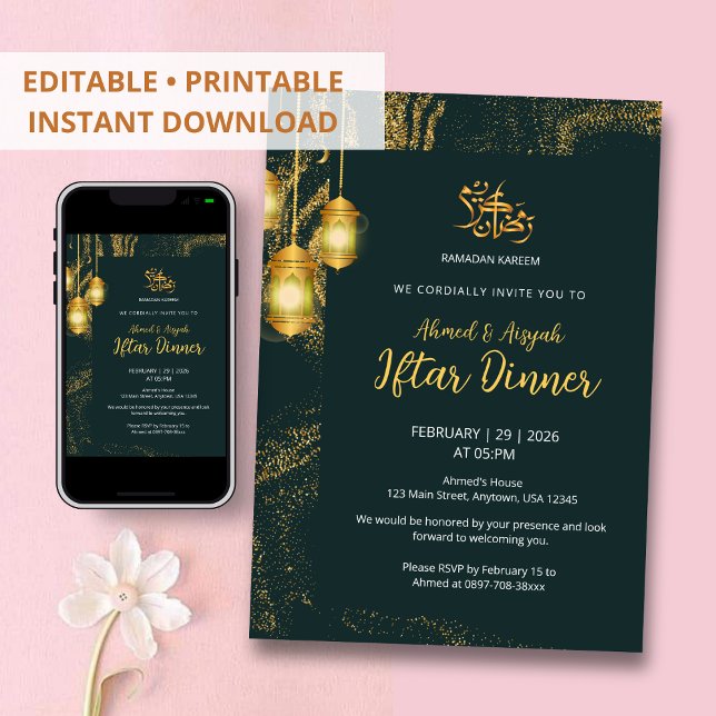 Convites Luxury Gold and Dark Emerald Iftar Dinner (Criador carregado)