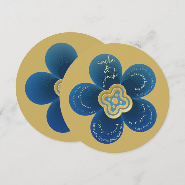 Convites Luxury Gold and Navy Blue Floral Wedding  (Frente/Verso)