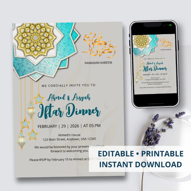 Convites Luxury Gold & Blue Ramadan Iftar Invitation (Criador carregado)