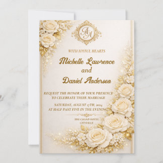 Convites Luxury Gold Floral Wedding with Monogram
