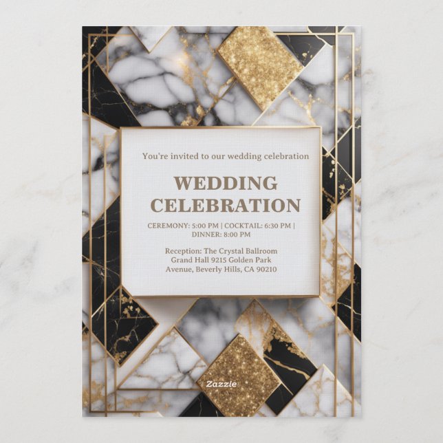 Convites Luxury Gold Foil Black Marble Wedding Invitation (Verso)