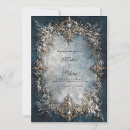 Convites Luxury Gold Frame Dark Teal Floral Baroque Wedding
