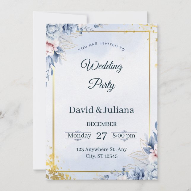 Convites Luxury Gold Frame Navy Blue Floral Wedding Invitat (Frente)