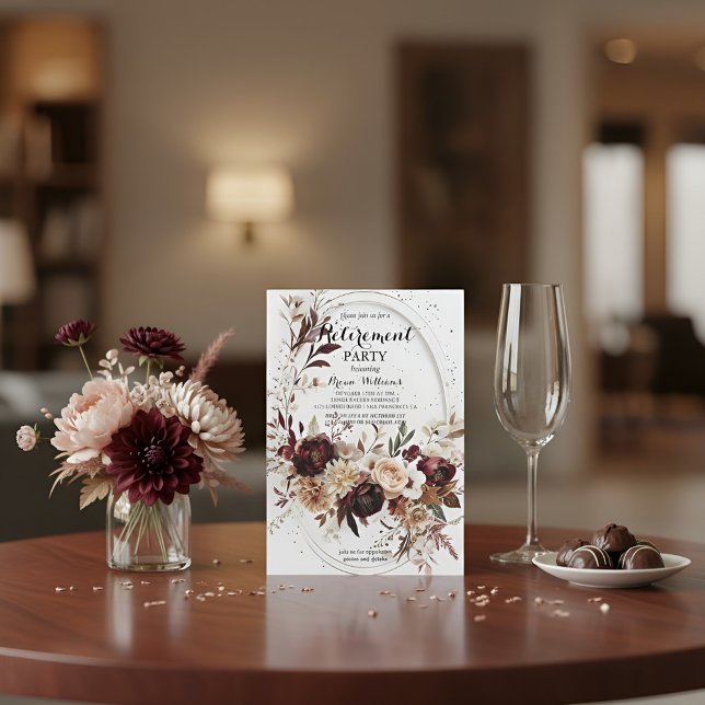Convites Luxury Gold Geometric Burgundy Floral Retirement I (Criador carregado)