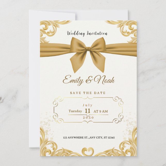 Convites Luxury Gold Ribbon & Bow Elegant Wedding Invite (Frente)