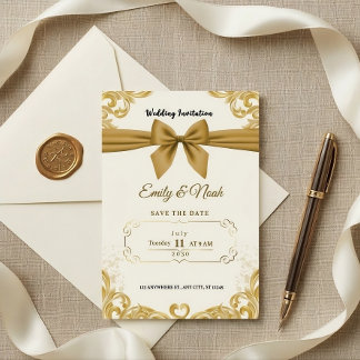 Convites Luxury Gold Ribbon & Bow Elegant Wedding Invite