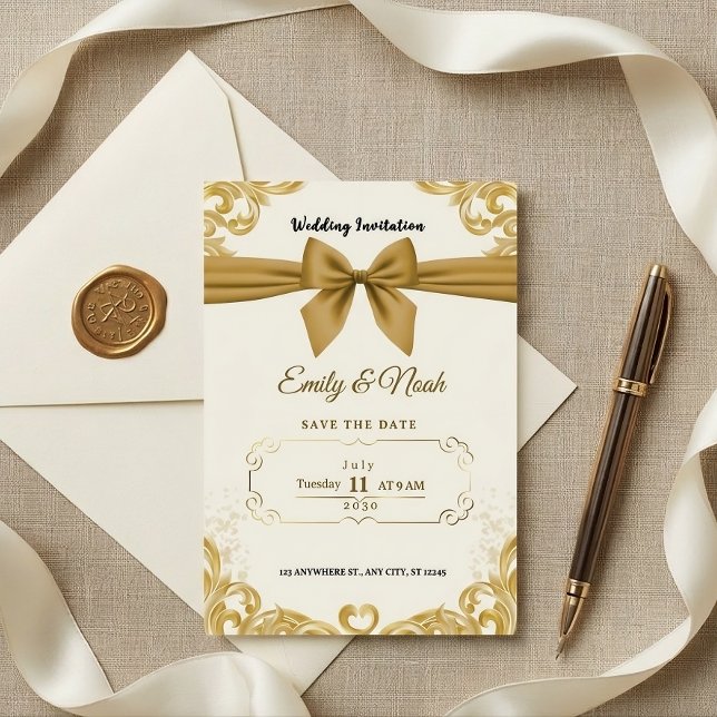 Convites Luxury Gold Ribbon & Bow Elegant Wedding Invite (Criador carregado)