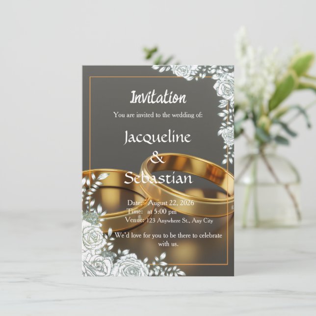 Convites Luxury Gold Rings Wedding Invitation (Em pé/Frente)