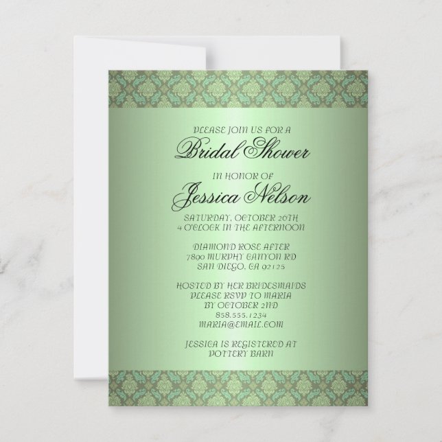 Convites Luxury Green Damask Swirls Bridal (Frente)