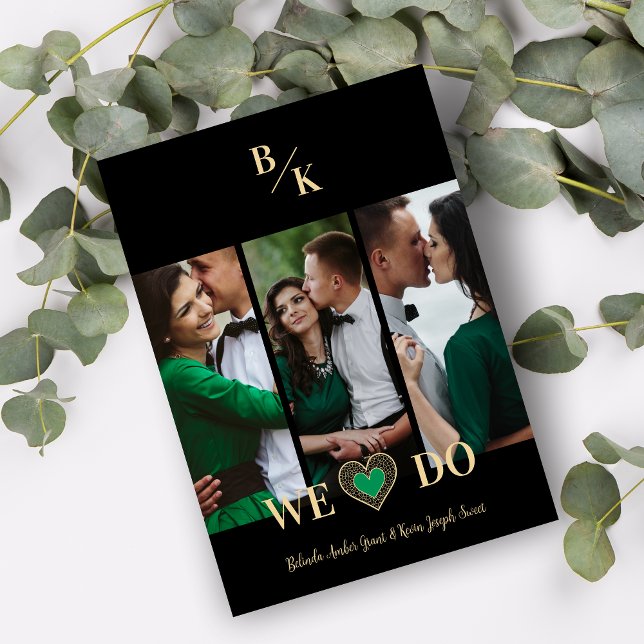 Convites Luxury Green Heart Lace Gold Effect 3 Multi Photos (Luxury Green Heart Fake Lace Golden Effect Simple Classic 3 Photos Collage Wedding Invitation.)
