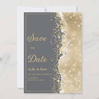 Convites Luxury grey gold glitter classy Save the Date 