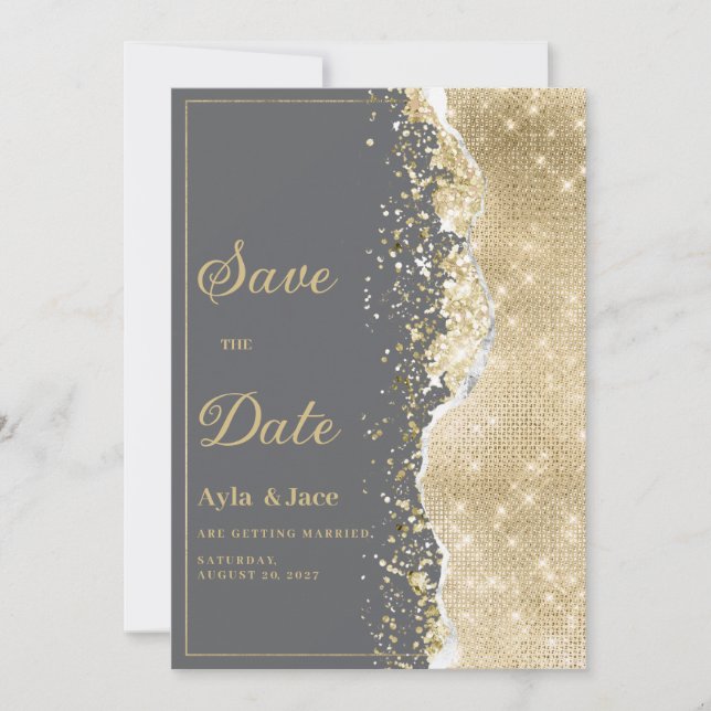 Convites Luxury grey gold glitter classy Save the Date  (Frente)