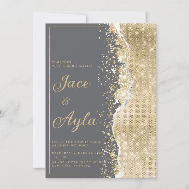 Convites Luxury grey gold glitter classy Wedding (Frente)
