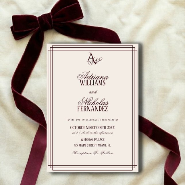 Convites Luxury Ivory Burgundy Monogram Wedding (Criador carregado)
