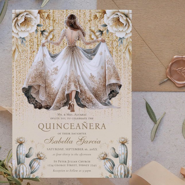 Convites Luxury Ivory Dourada Quinceañera (Criador carregado)