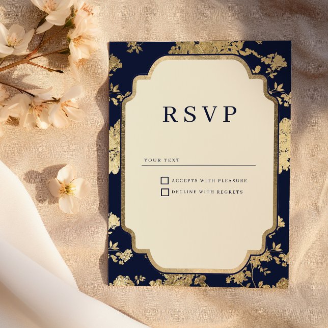 Convites Luxury ivory navy blue gold floral RSVP (Luxury ivory navy blue gold floral RSVP )