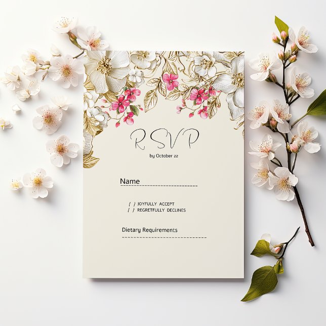Convites Luxury ivory pink white gold flowers RSVP  (Luxury ivory pink white gold flowers RSVP)