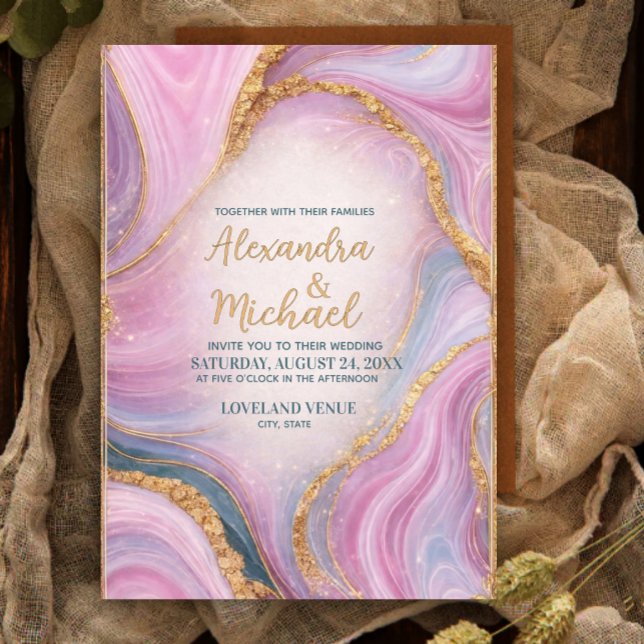Convites Luxury Marble Wedding Invitation Gold Pink Abstrac (Criador carregado)