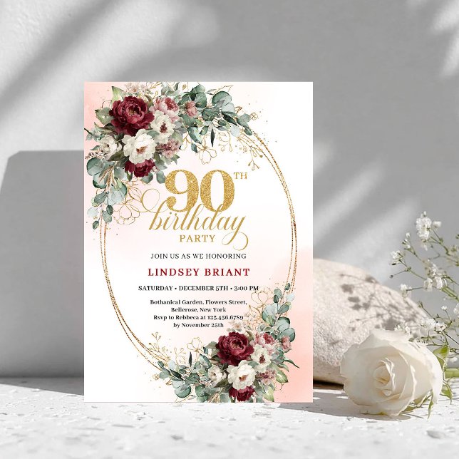Convites Luxury Maroon Peonies Eucalyptus 90th Birthday  (Luxury Maroon Peonies Eucalyptus 90th Birthday Invite)