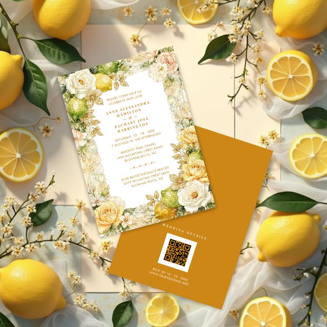 Convites Luxury Mediterranean Lemons & Flowers Wedding (Luxury Delicate Mediterranean Lemons & Flowers Frame Wedding Invitation Cards.)