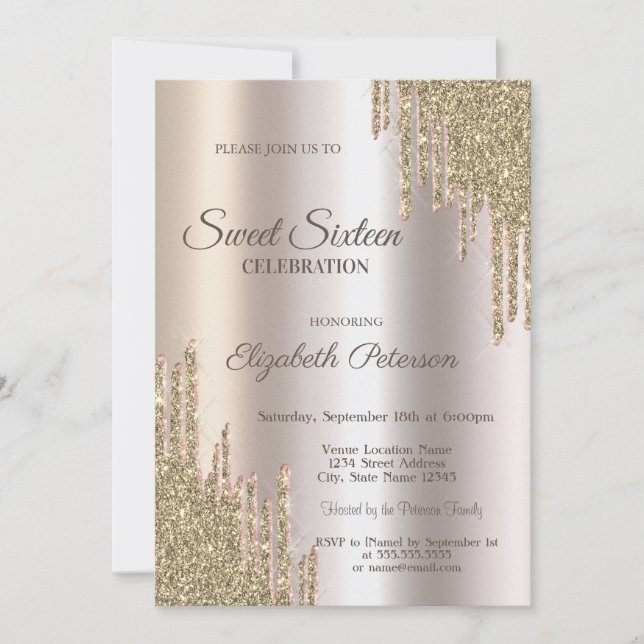 Convites Luxury Modern Glitter Drips Gold  Sweet 16 (Frente)