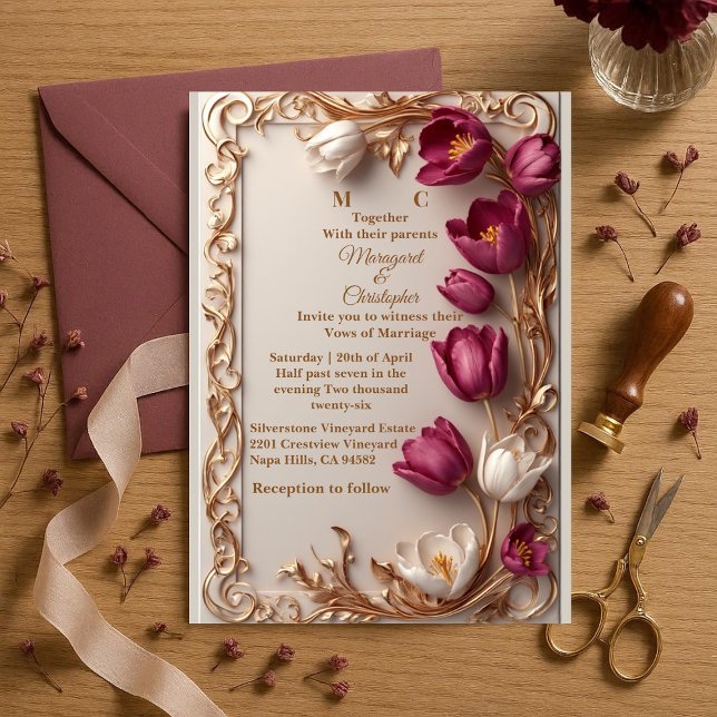 Convites Luxury Mulberry Tulip Gold Baroque Opulent Wedding (Luxury Mulberry Tulip Gold Baroque Opulent Wedding Invitation)