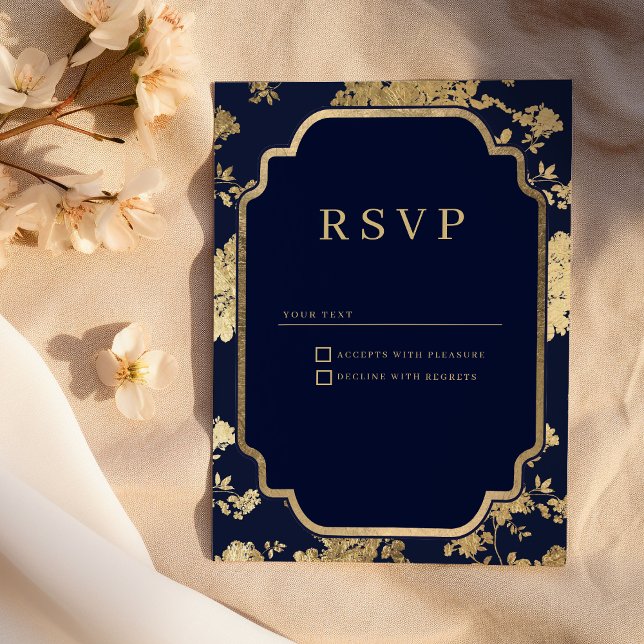 Convites Luxury navy blue and gold floral RSVP (Luxury navy blue and gold floral RSVP )