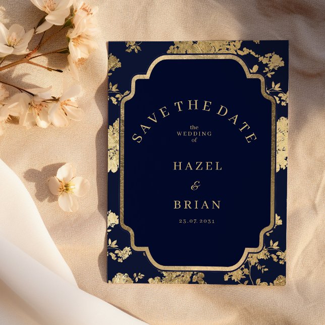 Convites Luxury navy blue and gold floral Save the Date (Luxury navy blue and gold floral Save the Date )