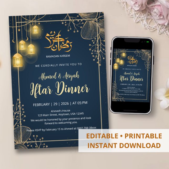 Convites Luxury Navy Blue and Gold Glitter Frame Iftar  (Criador carregado)