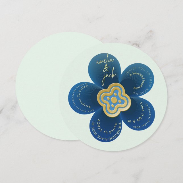 Convites Luxury Navy Blue Floral Wedding Invitation - Custo (Frente/Verso)