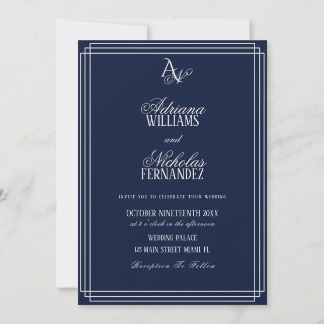 Convites Luxury Navy Blue Monogram Wedding (Frente)