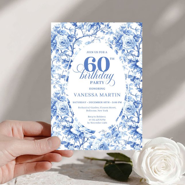 Convites Luxury Navy Blue Roses Toile 60th Birthday Invite (Luxury Navy Blue Roses Toile 60th Birthday Invite)
