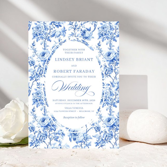 Convites Luxury Navy Blue Toile Rose Floral Wedding Invite (Luxury Navy Blue Toile Rose Floral Wedding Invitation)