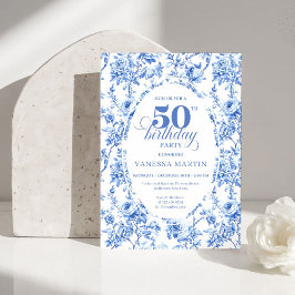 Convites Luxury Navy Blue Toile Roses 50th Birthday Invite
