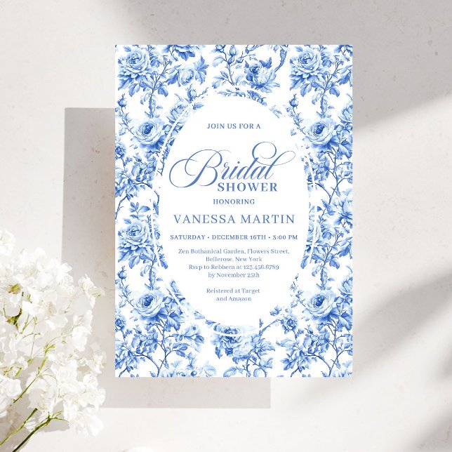 Convites Luxury Navy Blue Toile Roses Bridal Shower Invites (Luxury Navy Blue Toile Roses Bridal Shower Invitation)