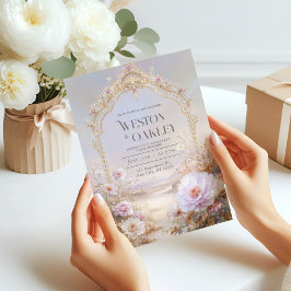 Convites Luxury Ornate Gold Arch Pink Peony Floral Wedding