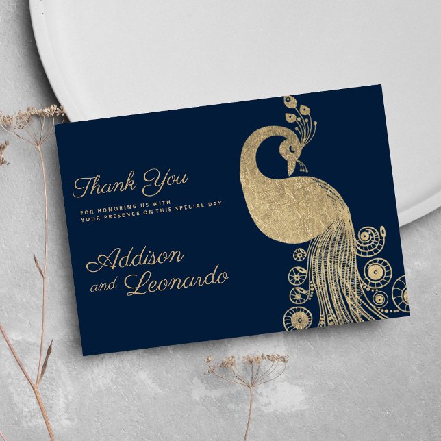 Convites Luxury ouro azul, pavão real elegante Obrigado (Luxury blue gold royal peacock elegant Thank You )