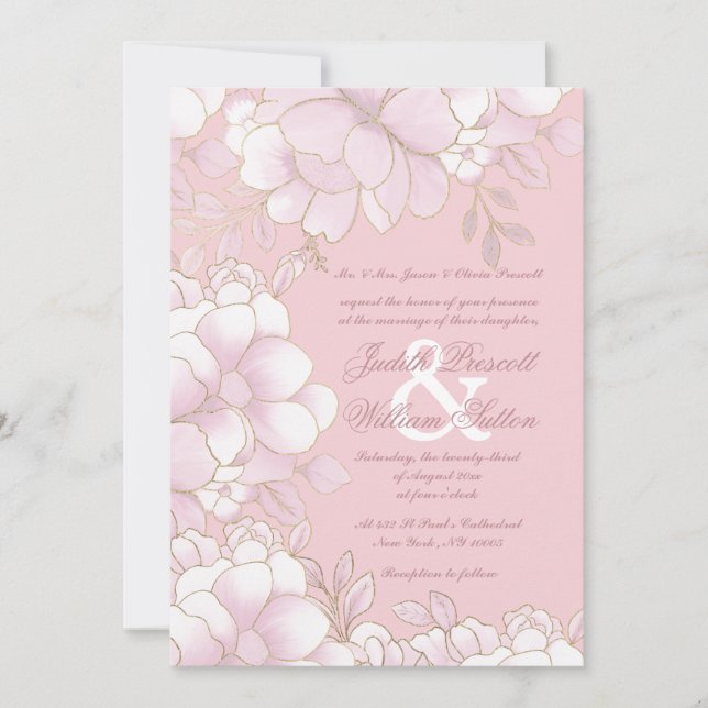 Convites Luxury pastel pink gold elegant floral wedding (Frente)