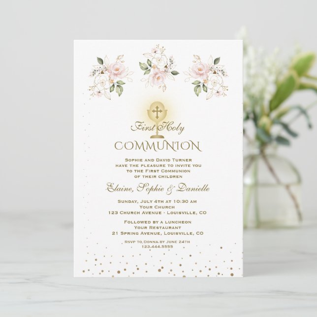 Convites Luxury Pink Blush Floral Triplets Holy Communion (Em pé/Frente)