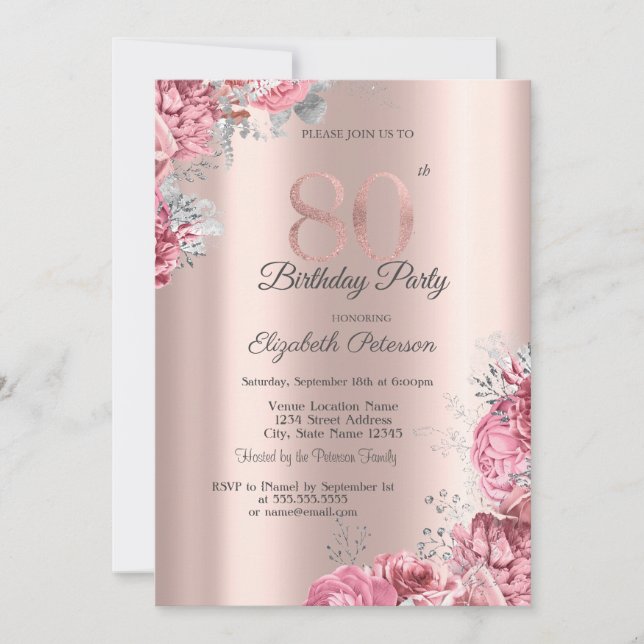 Convites Luxury Pink Floral Rose Gold 80th Birthday Party (Frente)