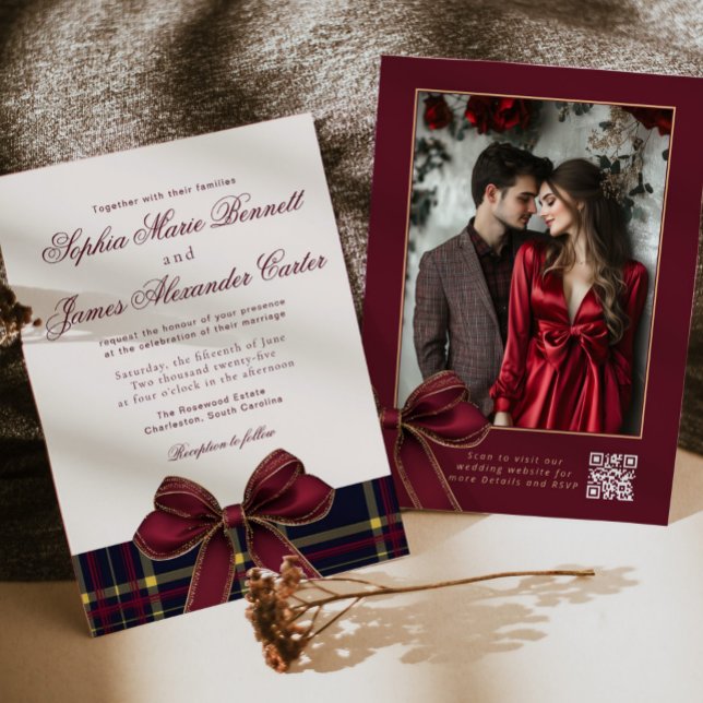 Convites Luxury plaid Burgundy Bow Winter Photo Wedding (Criador carregado)