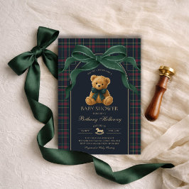 Convites Luxury Polo Teddy Bear Green Bow Plaid Baby Shower