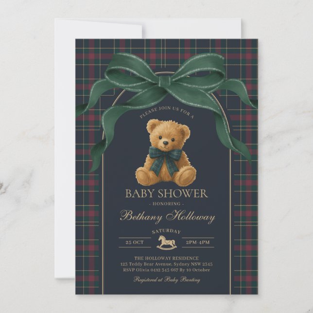 Convites Luxury Polo Teddy Bear Green Bow Plaid Baby Shower (Frente)