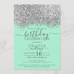Convites Luxury Prata Neo Mint Glitter Confetti Aniversário