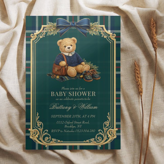Convites Luxury Preppy Teddy Bear Plaid Baby Shower  (Criador carregado)
