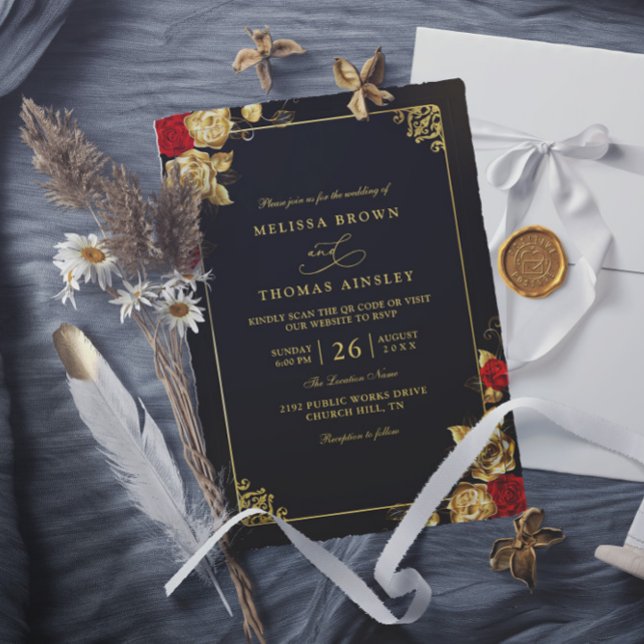 Convites Luxury Red Gold and Black Elegant QR Code Wedding (Criador carregado)